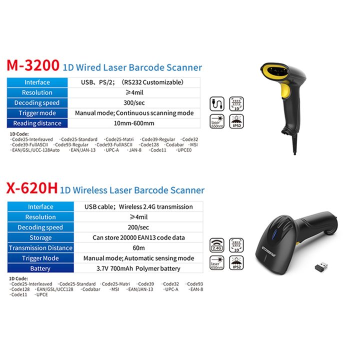 Scanner de codes-barres filaire laser 1D X-530
