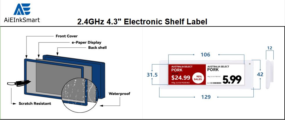 Étiquette électronique pour étagères White Shell de 4,3 pouces